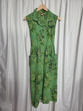 April Cornell M CLAUDETTE DRESS, Green Floral Collared Dress, Pockets